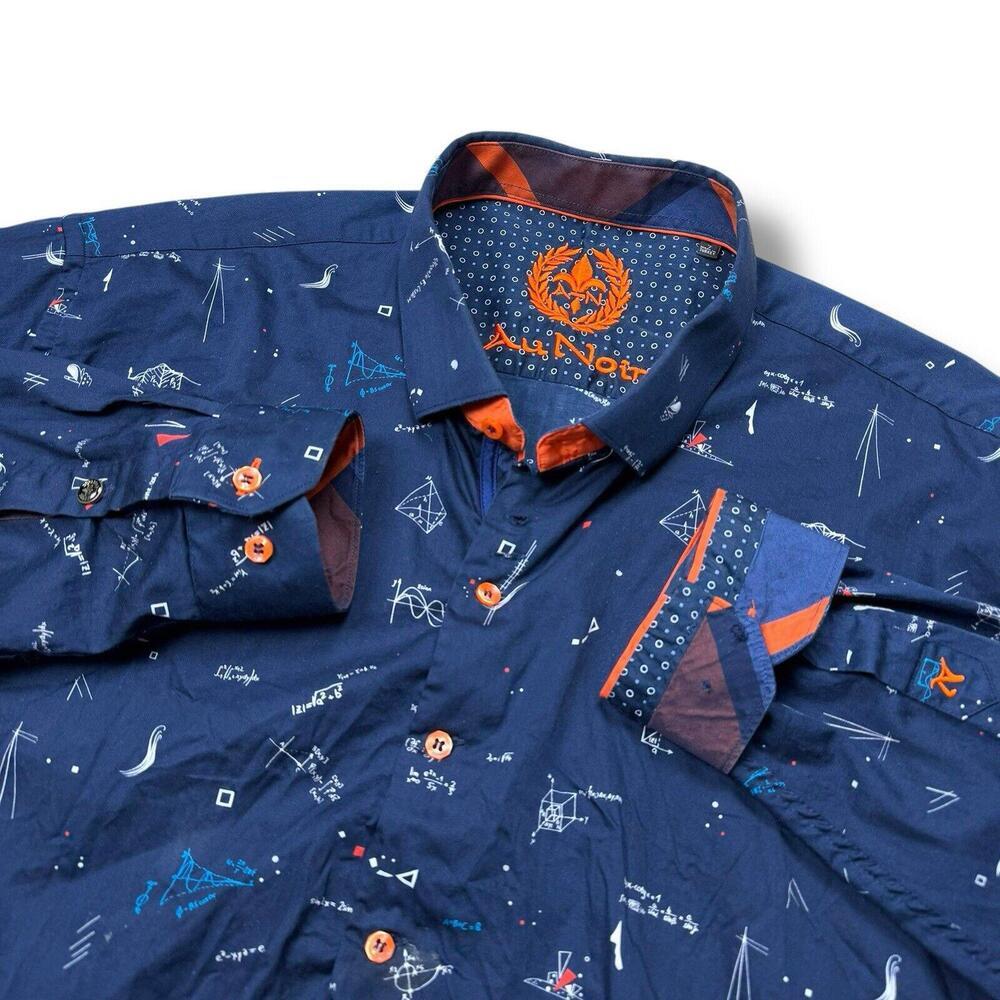 Au Noir Men's Shirt (Small) Button Up Long Sleeve Science Print Navy/orange